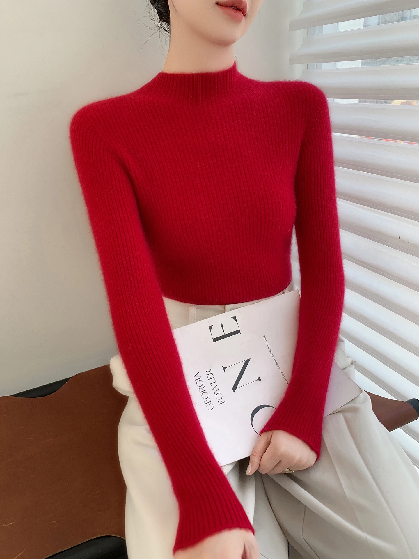 Elegante vrouw merinowollen trui Basic vrouwelijke herfst winter gebreide kleding slanke zachte trui lange mouw kleding tops dames trui