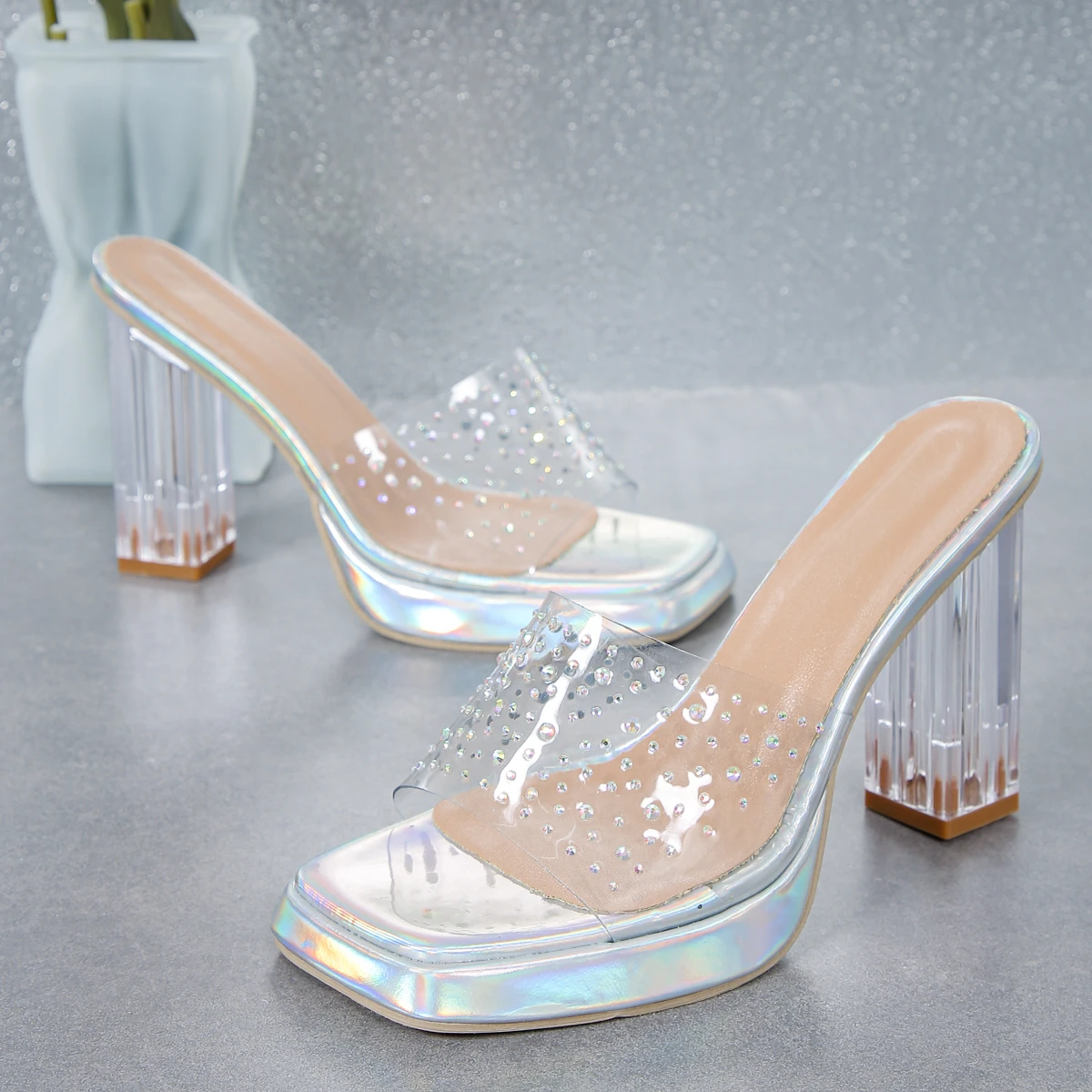 Casual Fashion Sexy Comfortable Transparent High Heel Slippers 2024 Summer New Thick Soled Thick Heel Slippers for Women