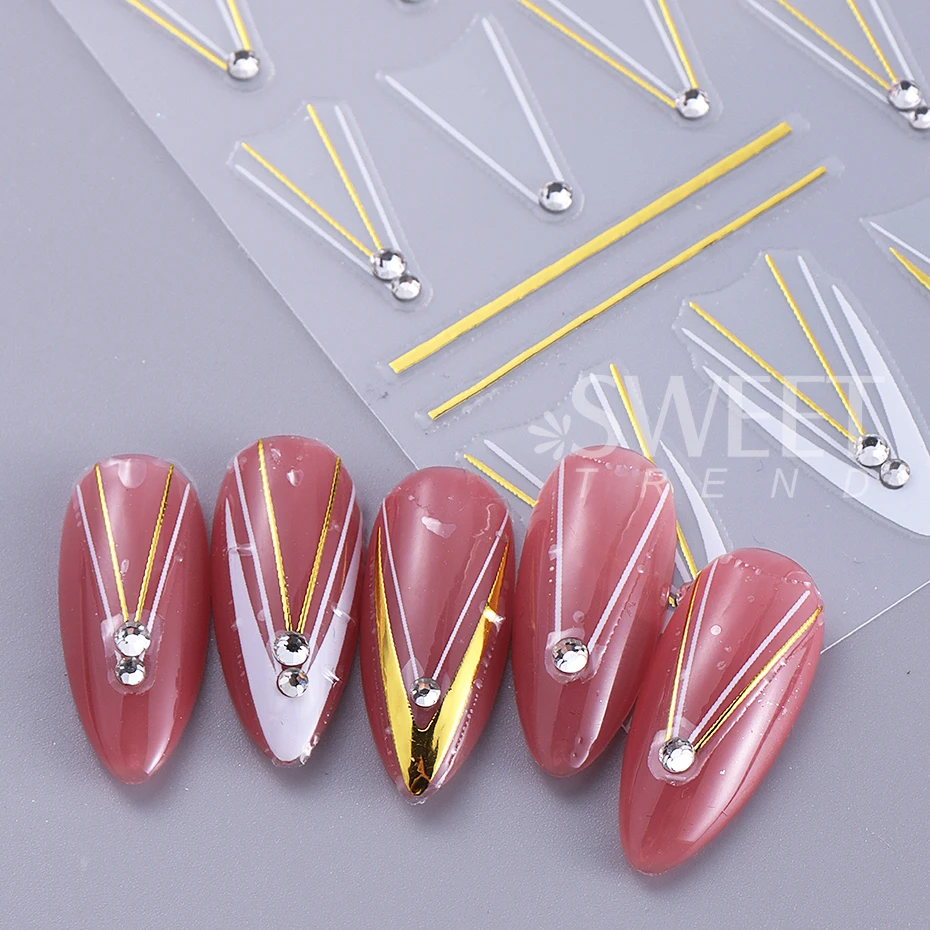 2 個フレンチストライプラインラインストーンネイルステッカーデカール 3D ホワイトゴールド不規則なメタリックライン粘着スライダーマニキュア装飾