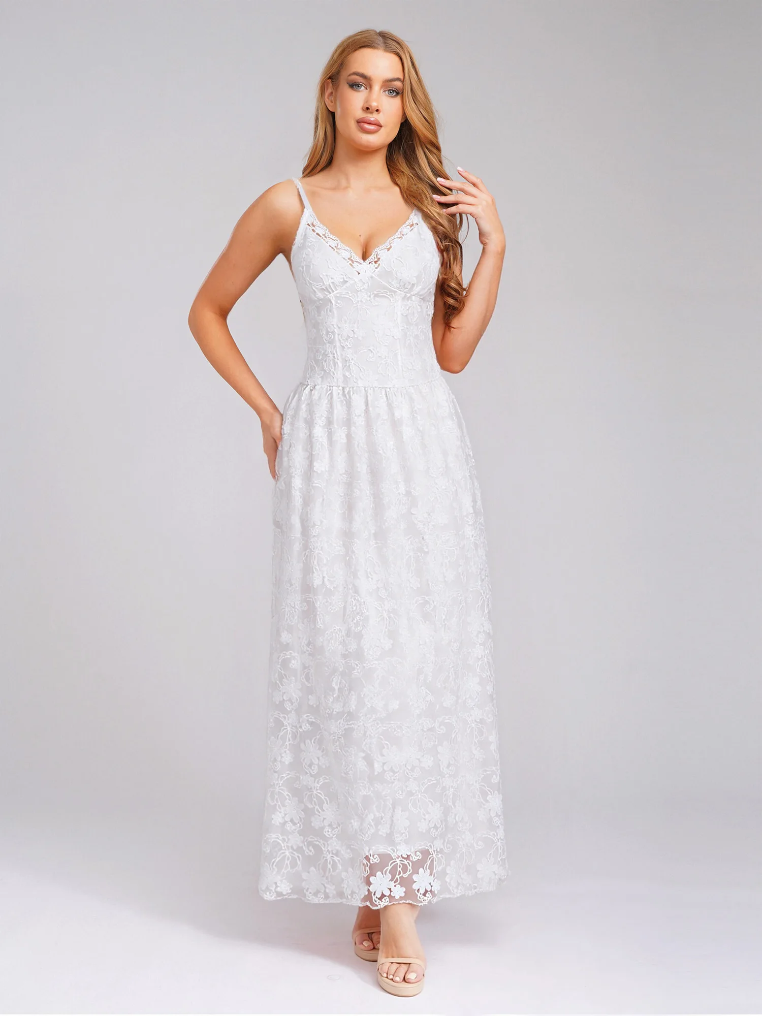 Womens Swing Dress Floral Lace Embroidered Maxi Dress V Neck High Waist A-line Sling Dress for Weddings Birthday Boho Beachwear