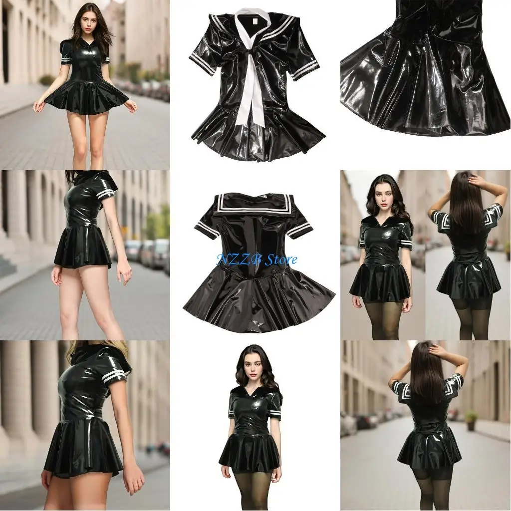 T21F Women Faux Leather Bodycon Mini Dress Latex Short Sleeve Pleated A Line Dress Clubwears for Cosplay