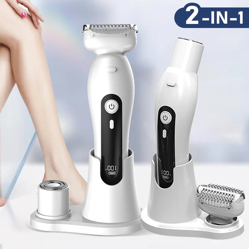 2 in 1 Women Electric Shaver Body Razor Base Replaceable Bikini Trimmer Wet/Dry Shaver Waterproof Facial Blade for Intimate Are