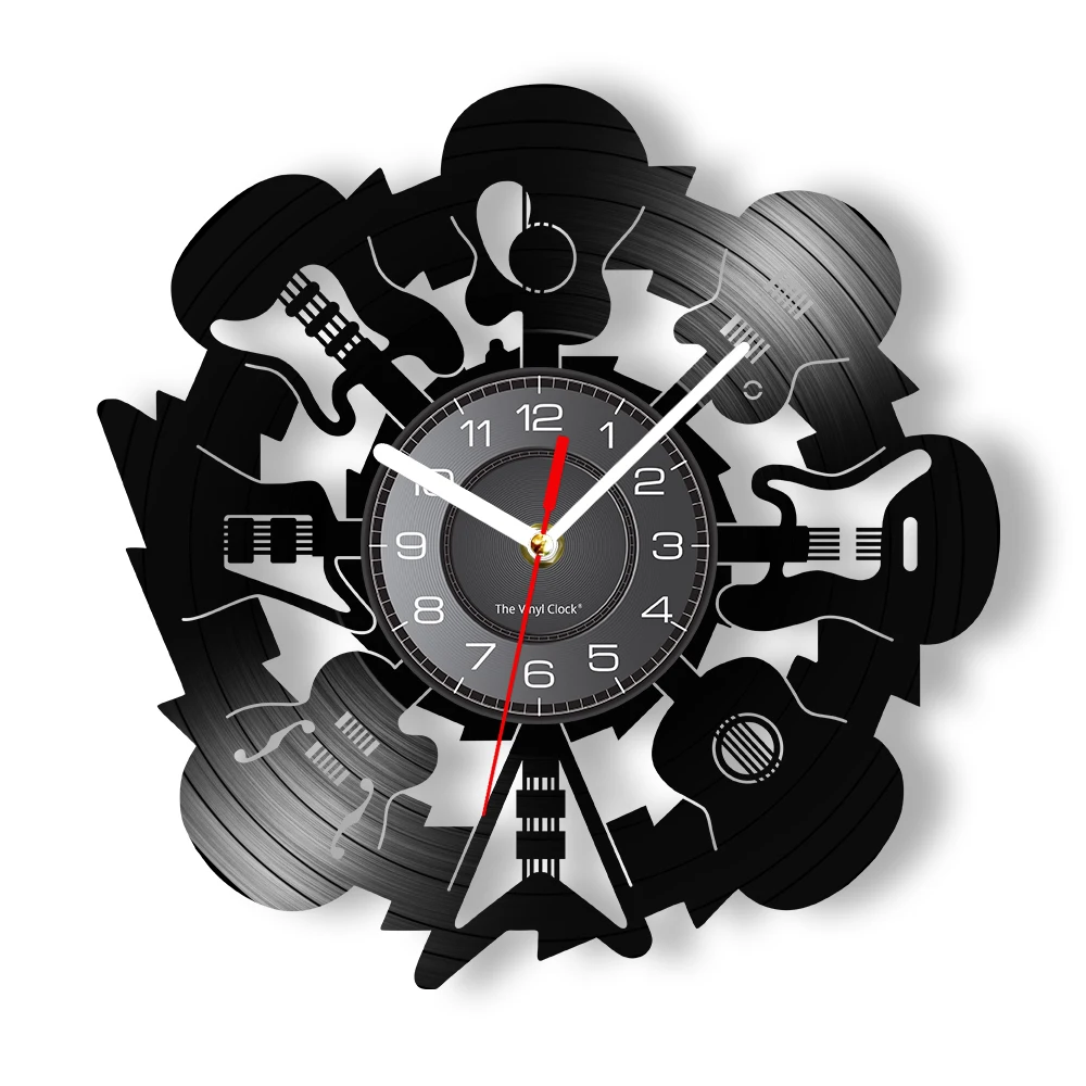 Guitar Shape Music Vinyl Album Wall Clock Musical Instrument Electric Bass Re-purposed Record Clock Bedroom Decor Guitarist Gift