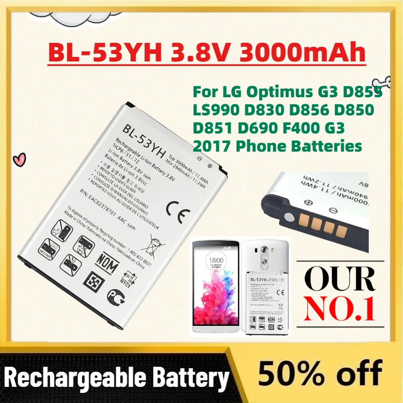 

In Stock BL-53YH 3.8V 3000mAh Li-Ion Battery for LG Optimus G3 D855 LS990 D830 D856 D850 D851 D690 F400 G3 2017 Phone Batteries