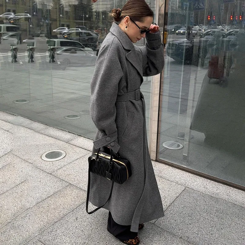 Tuularose Winter Long Wool Coat Women Solid Thickened Warm Pike Coat 2025 Belt Patchwork Long Sleeve Cardigan Chic Tweed Outwear