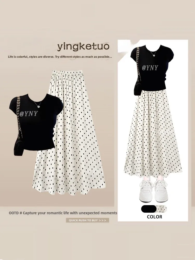 

Summer Short Sleeve T-Shirt Women's Special Beautiful Waist-Cut Top Polka Dot Half-Skirt Two-Piece Set Slimming Anti-Aging