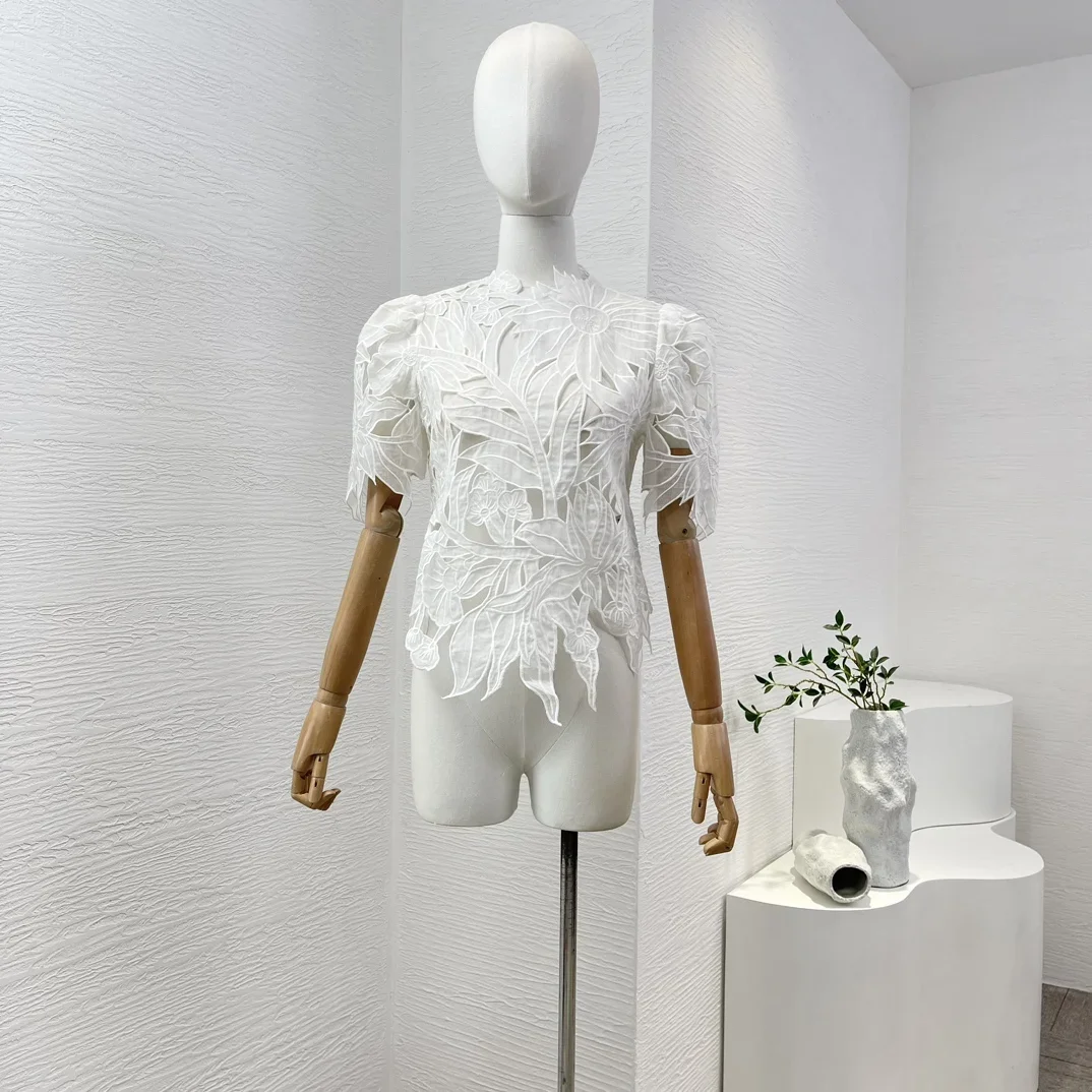 2024 New Summer Fashionable Black Embroidery Hollow Out Short Sleeve Women All-matching White Blouse Tops