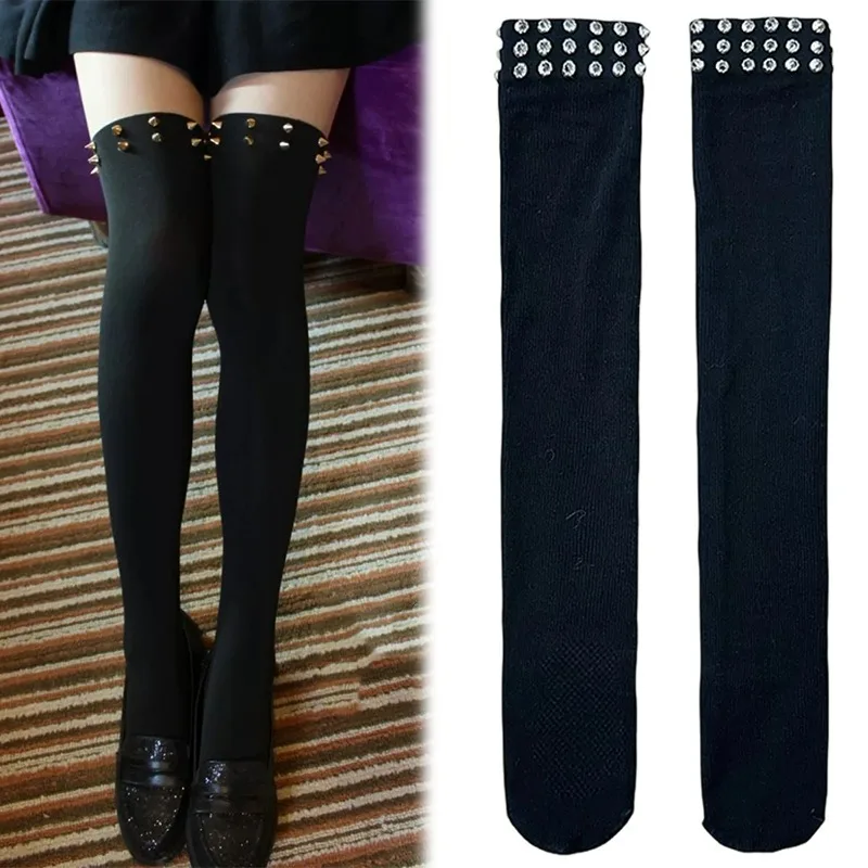 Fashion Punk Elastic Black Knee High Spike Rivet Decoration Border Subculture Y2K Streetwear Knee High Socks Long Tube Socks