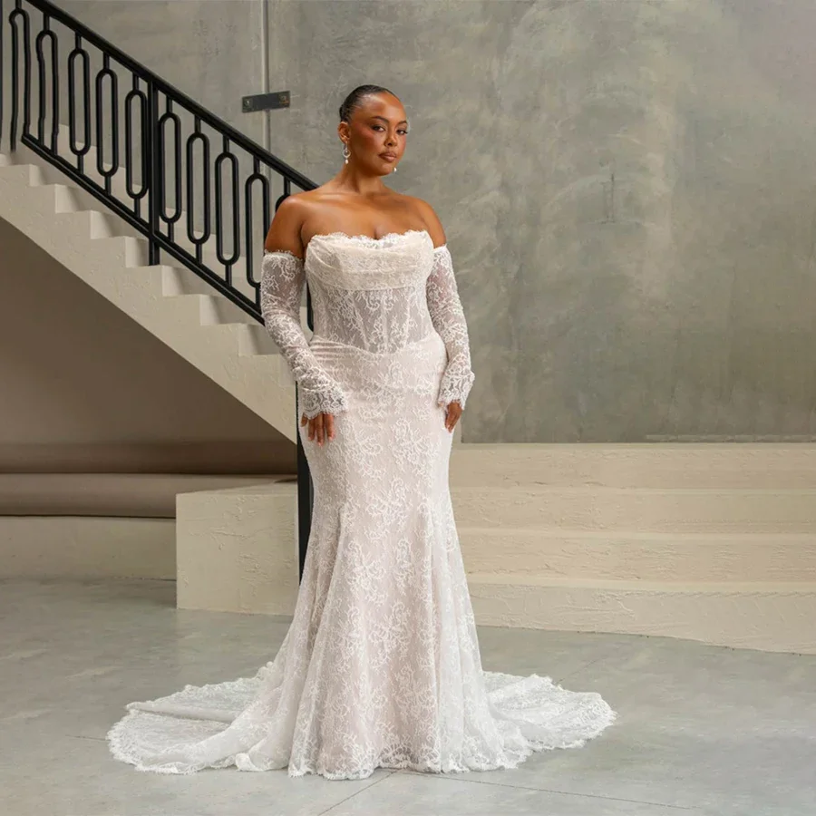 오프숄더 레이스 머메이드 웨딩드레스 긴팔 신부 드레스 여성 스윕 트레인 신부 드레스 베스티도스 데 노비아 맞춤 제작
