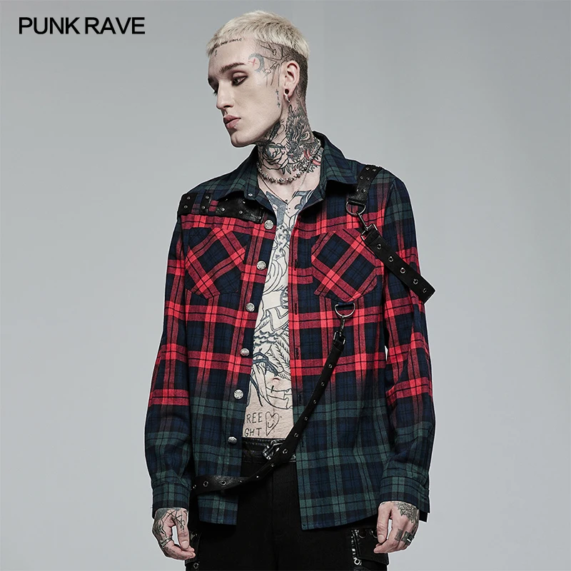 

PUNK RAVE Men's Punk Long Sleeve Plaid Shirt Personality Casual Leather Loops Profile Red&green Handsome Shirts Four Seasons