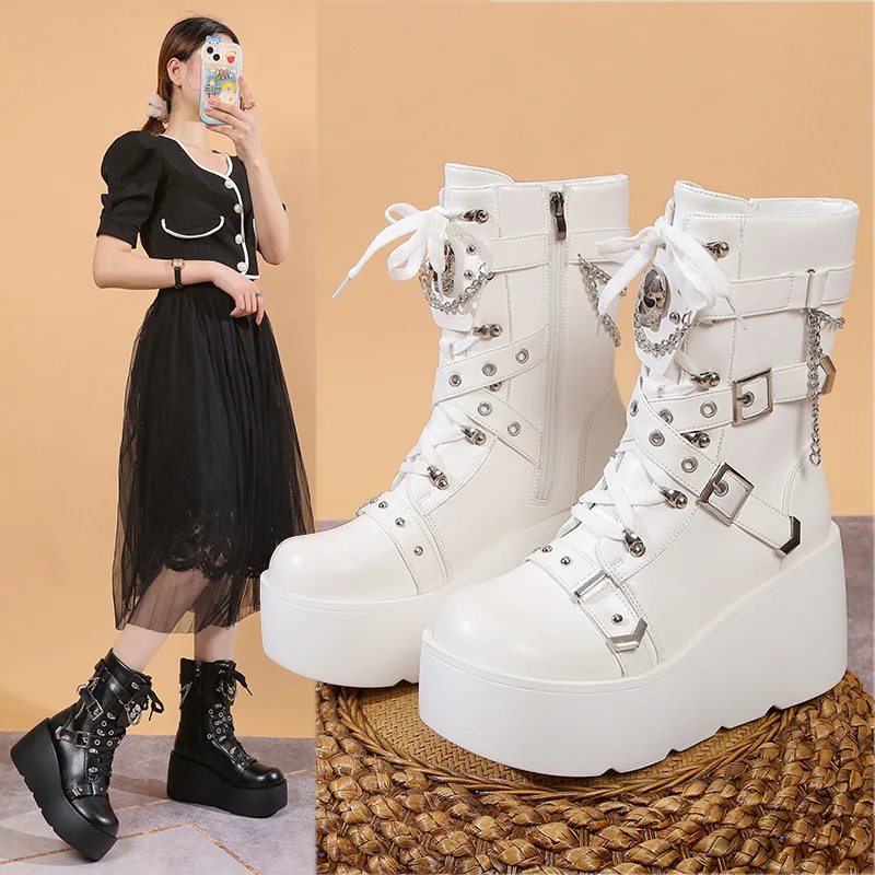 Women Punk Style Platform Ankle Boots Thick Sole Leather Buckle Strap Motorcycle Boots 9cm Chunky Skull Short Boots for Woman - view 2