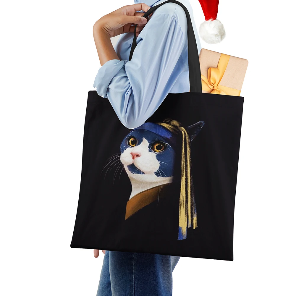 Print Shoulder Bag Vintage Women Cat Cartoon Large Capacity Canvas Tote Bag 2022 Harajuku Cute Casual Shopper Portable Handbag