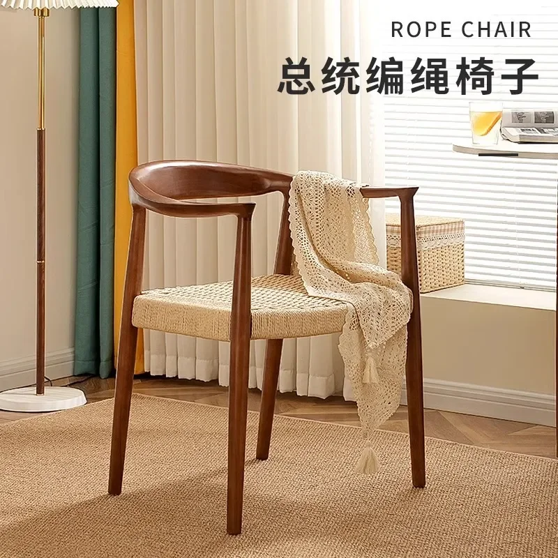 Nordic Solid Wood Rope Chair for Household Dining Armrest Back Chair for Cafe Milk Tea Shop Restaurant Leisure Negotiation
