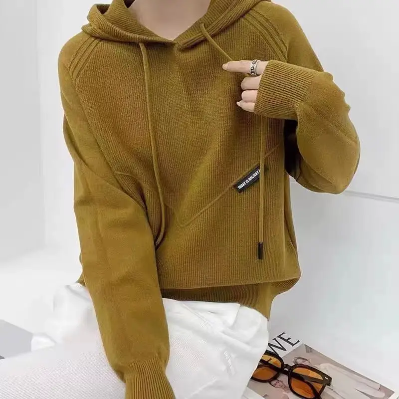 

Hooded Sweater For Women's Jumper New Autumn Winter Loose Lazy Style Hoodie Knitted Long Sleeved Top Knitwears Pull Femme