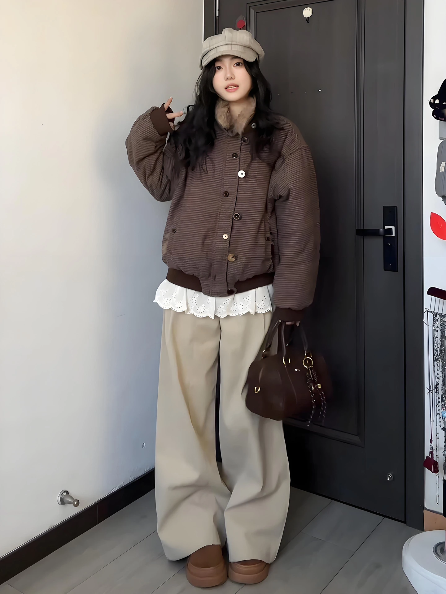 

Retro American Lamb Fur Collar Thiened Cotton Jaet Men Women Sle Winter Warm Faion Brand High Sense Cotton Clothes