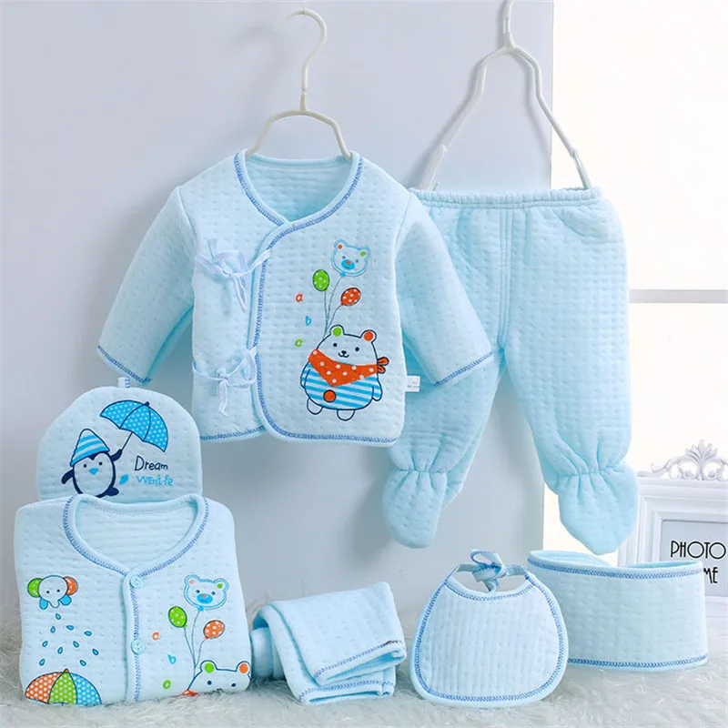 

Baby Boy Girl Clothes 7Pcs/Set Newborn Outfit Infant Underwear Pant with Footies+Tops+Bib+Hat Toddler Cartoon Cotton Suit