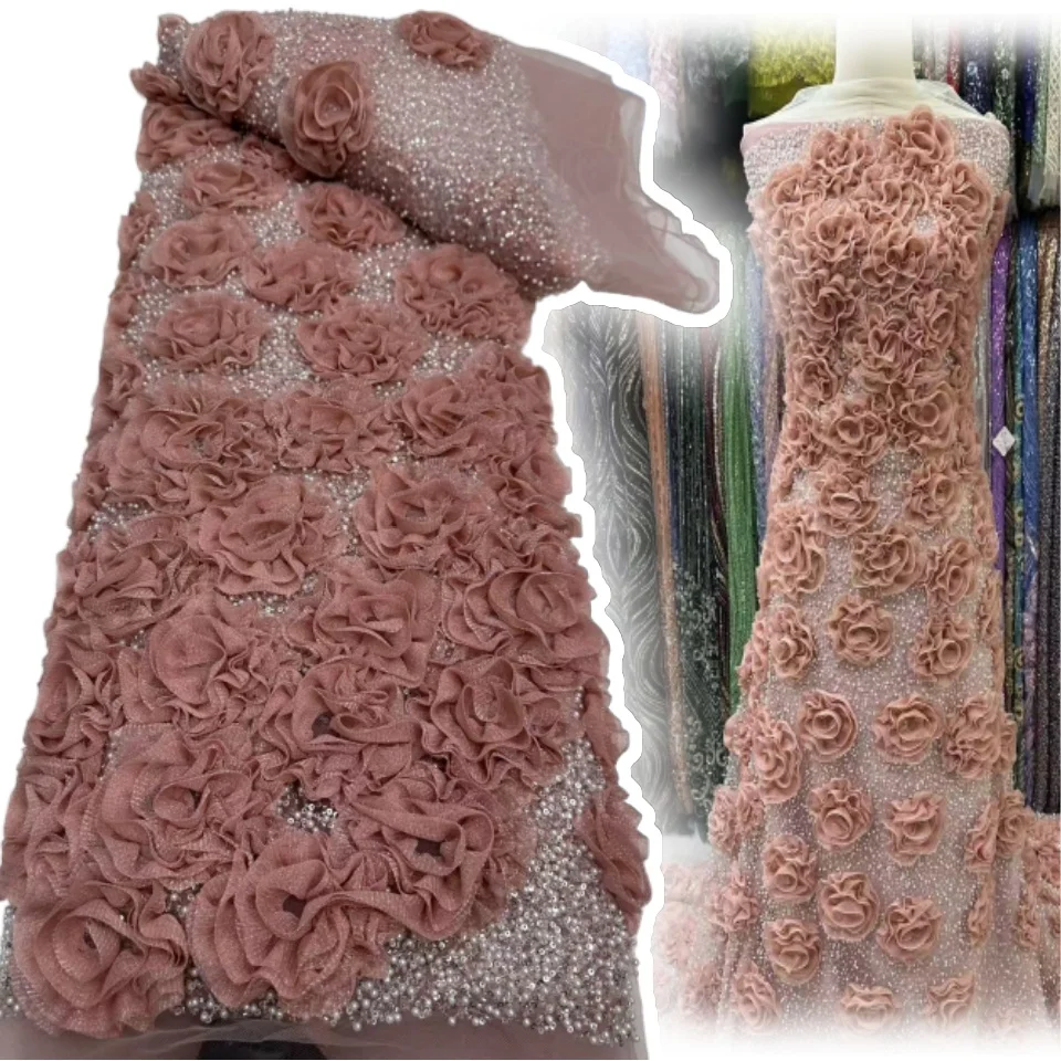 

Pink Lace Fabric Heavy Bead Tube Embroidery 3D Flower Sequin Laser Dr Fabric Home Sponge Pad DIY Crt Supplies TP1314