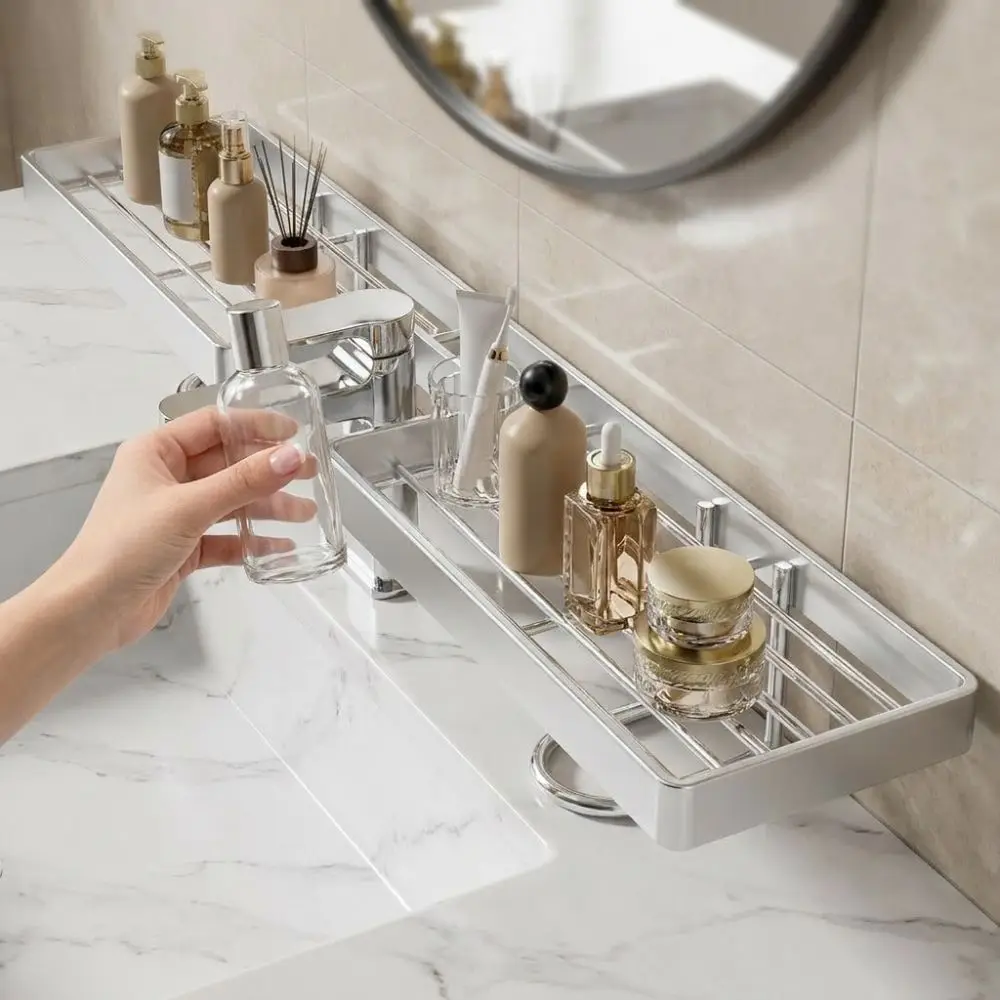 

Stainless Steel Bathroom Counter Shelf Anti Slip Integrated Sink Faucet Sink Drying Shelf No Drill Hollow Out Sink Storage Rack