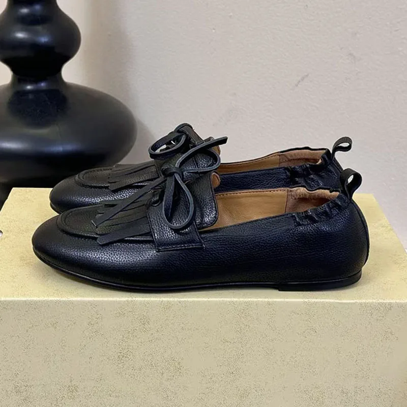 

New Genuine Leather Casual Shoes For Woman Round Toe Lace Up Flat Shoes Women Comfort Walking Shoes Black White Loafers Women