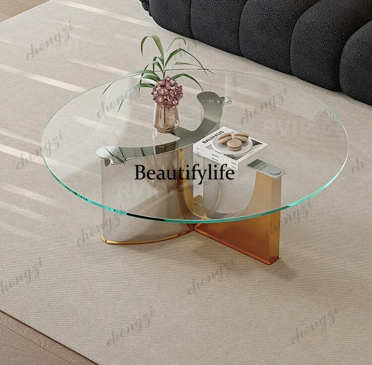 d178 Light luxury ultra-white tempered glass round coffee table simple modern stainless steel high-end sense, small round table