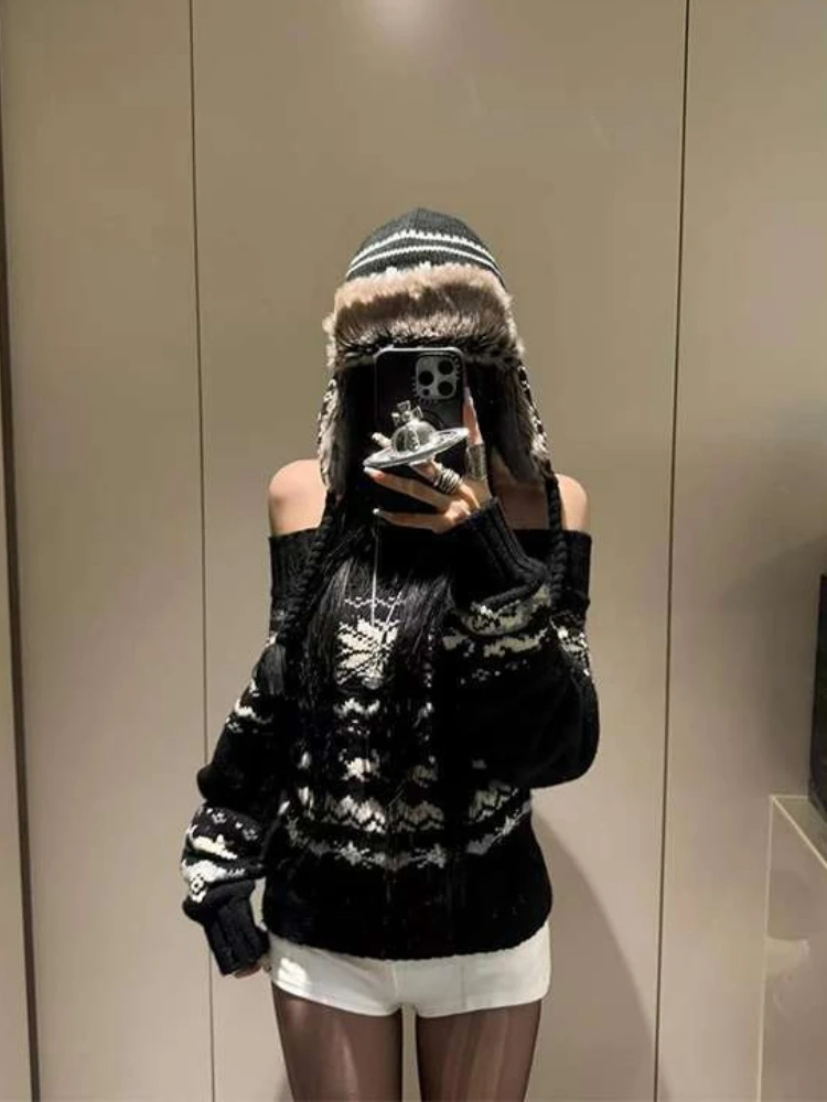 

Autumn Fashion Vintage Warm Slim Sweater Women's Design High Street Winter Off Shoulder Knitwear Sweet Chic Hepburn Print Tops