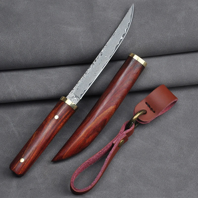 

Damascus Steel Straight Knife Outdoor Survival Knife Camping Portable Self-Defense Knife Sharp Fruit Knife with scabbard