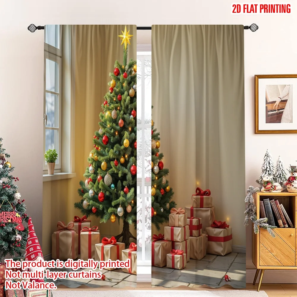 

2pcs 2D flat printing Merry Christmas Popular Drapes Christmas Tree Gifts Present Polyester Without Electricity Festive Curtains