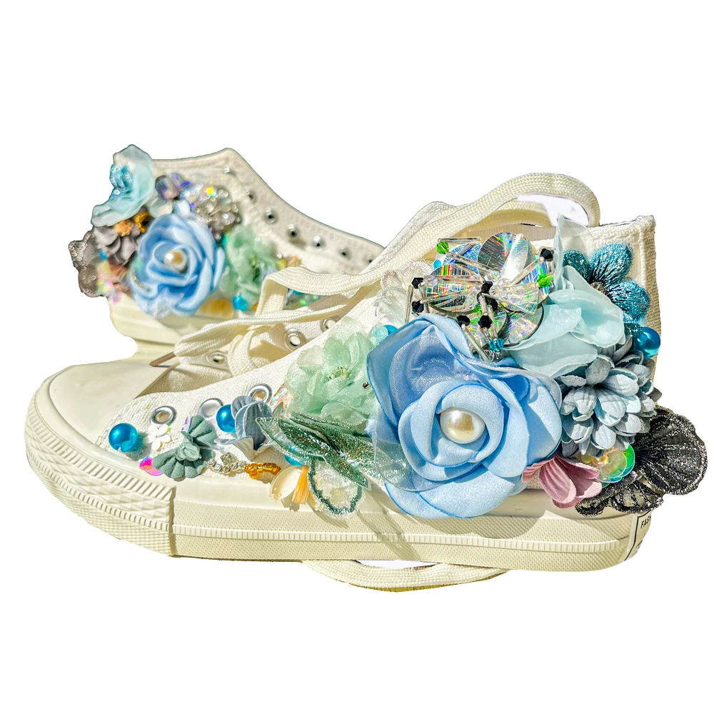 

Women Canvas Shoes Irregular Manual Personal Customization Colors Hand Sewed Blue Flowers Design Big Size Comfortable Easy Walk