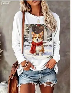Women Long Sleeve T‑Shirt Christmas Rabbit With Scarf Winter Snow Scene Print Crew Neck Loose Casual Holiday Tops image 3