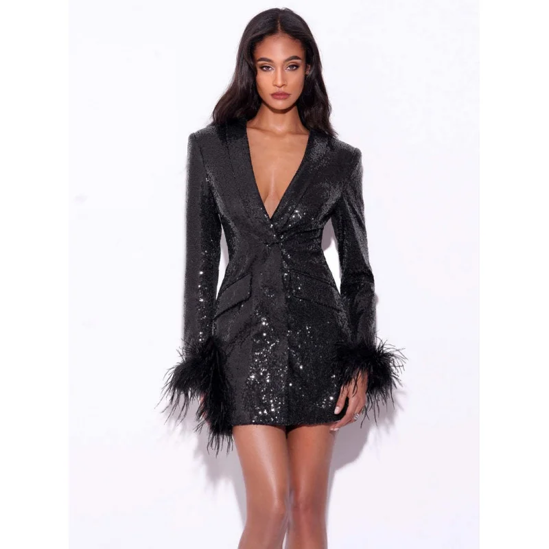 Feather suit jacket dress stitching sequined slit hip skirt deep V-neck feather cuff dress original