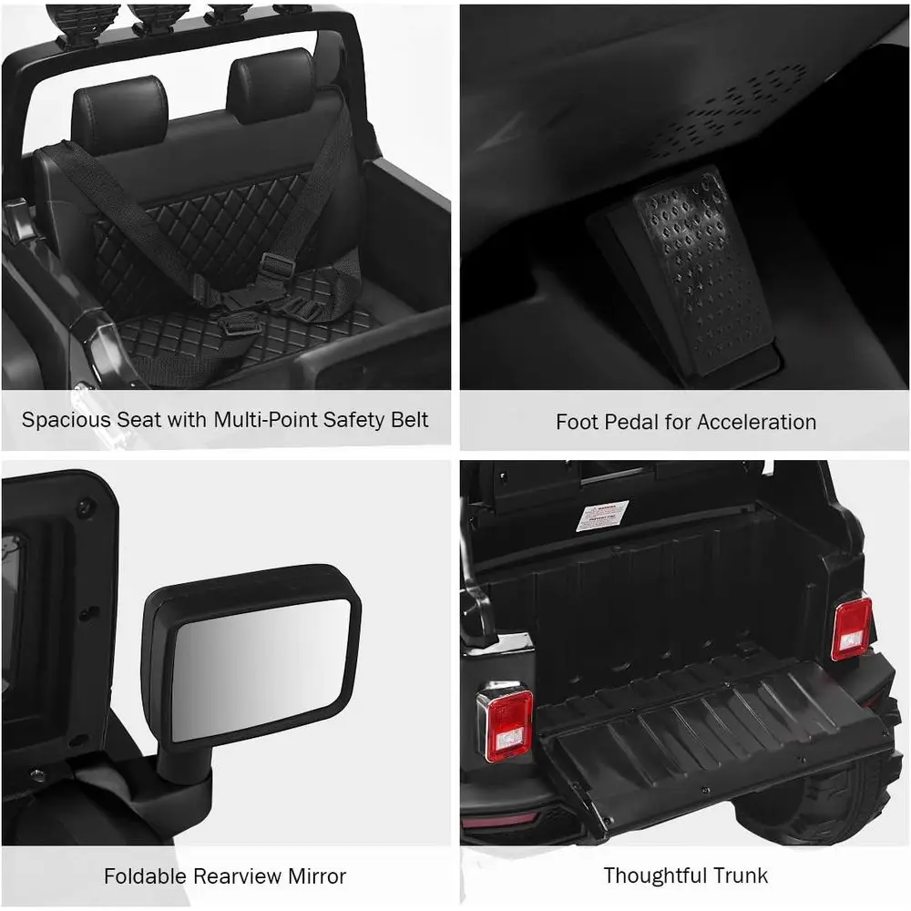 Ride on Car, véhicule électrique alimenté par batterie 12 V avec télécommande parent, suspension à ressort, stockage, 3 vitesses, noir