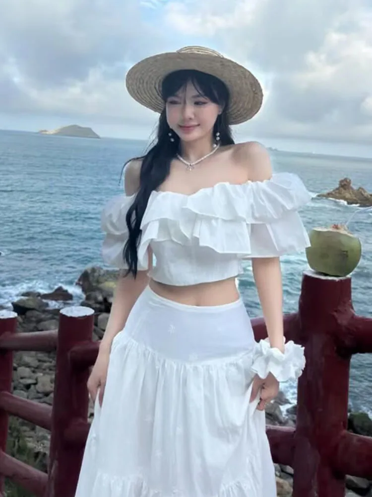 

HH Women 2026 Summer New Seaside Vacation Row Neck Off-Shoulder Top+High Waist Zipper Hollow Out Embroidered Fairy Casual Skirt