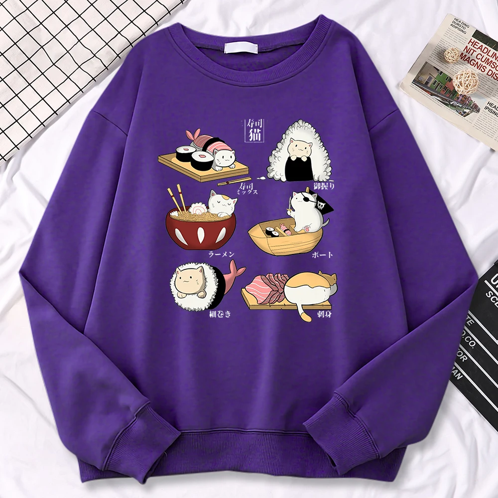 Simple Autumn Women Sweatshirt Sushi Cat\'S Day Harajuku Printing Hoodies Crewneck Fleece Pullover Warm Loose Female Streetwear