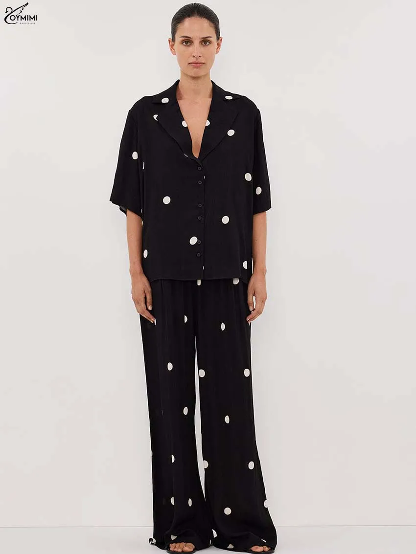 

Oymimi Fashion Black Print Woman Two Piece Set Casual Lapel Half Sleeve Button Shirts And High Waisted Pockets Trousers Sets