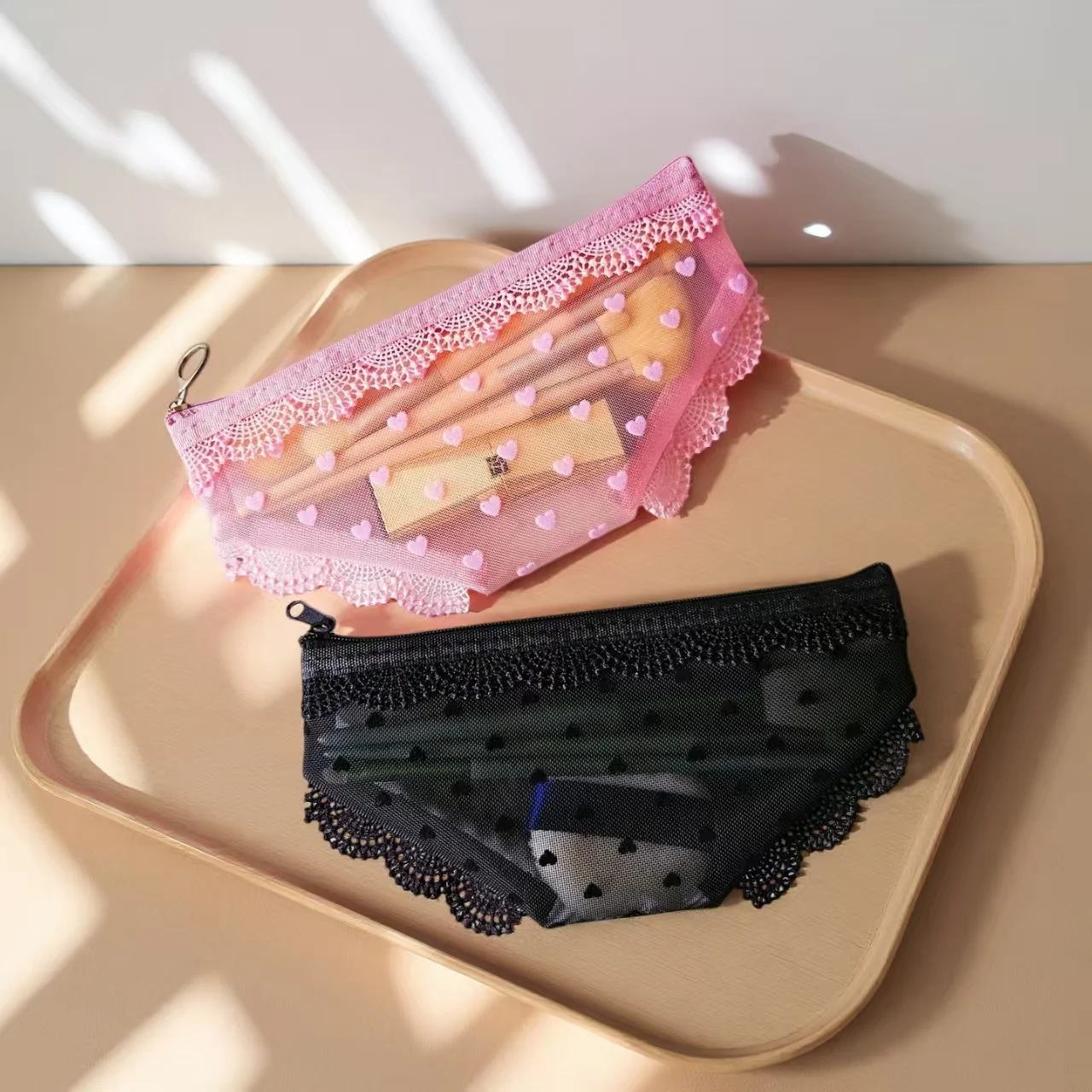Lace triangle heart-shaped flocked mesh pencil case, transparent portable compact student storage bag, ins-style Korean fun bag, heart-shaped mesh makeup bag, simple large-capacity toiletry bag, portable cosmetic stora
