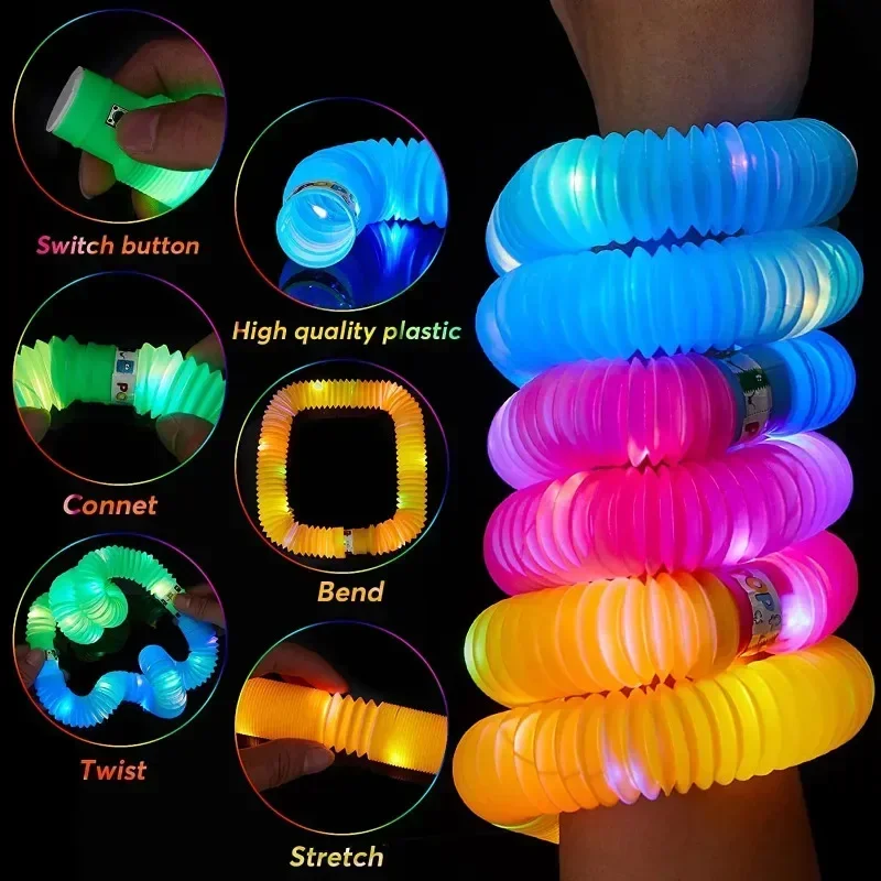 6 PCS Colorful Pop Tubes Lighted LED Sensory Toys Pull Stretch Tube Toddlers Gifts Children\'s Luminous Popping Party Supplies