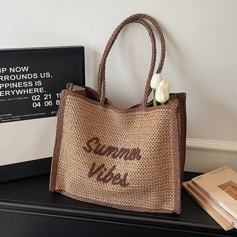 Large Capacity Women Tote Bag 2026 New Fashion Hand-made Straw Bag Female Shoulder Handbag Causal Commuter Bags for Ladies