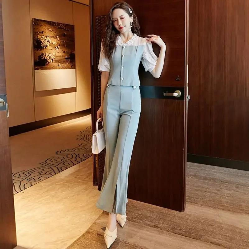 Wear To Work Trousers Woman Office Professional Top and Pant Sets for Women 2 Pieces Summer 2024 Splicing Clothing Sales Fashion