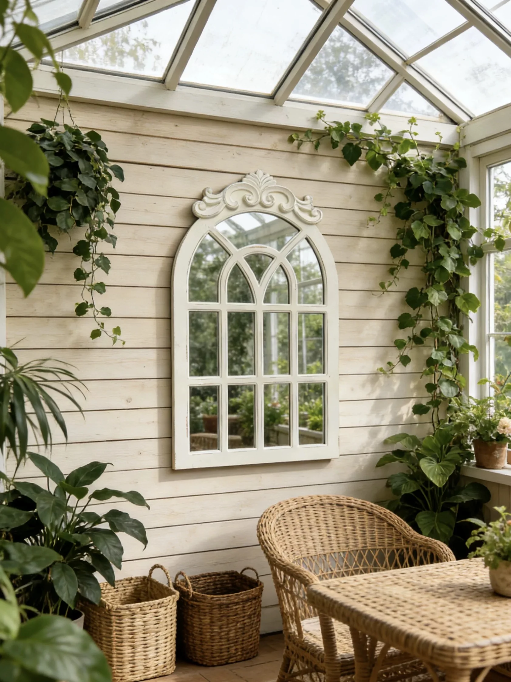 

Arched Window Mirror with Ornate Scrollwork, Distressed White Finish, French Provincial Style Wall Decor, 86x54cm