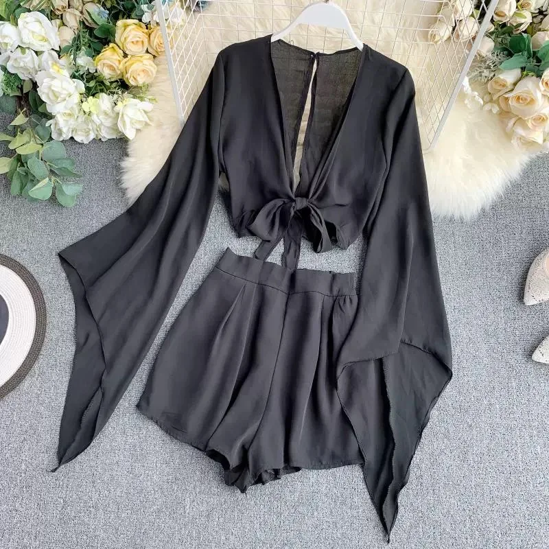 Vrouwen Zomer Chiffon Sets Flare Mouw Tops Losse Shorts Sets Dame Elegante Koreaanse Mode Stijl Sets Past Sexi Chaming Pyjama