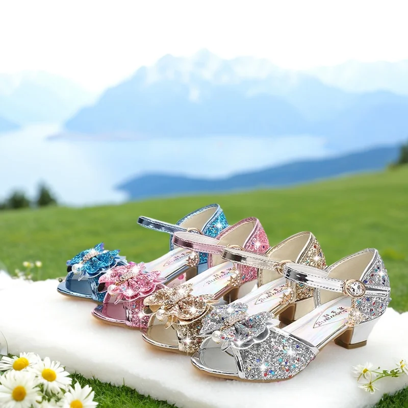 Girl's Blue Sandals Kid's Pink High-heeled Sandals Students Children Slipper Sandals Princess Golden Performance For Girls