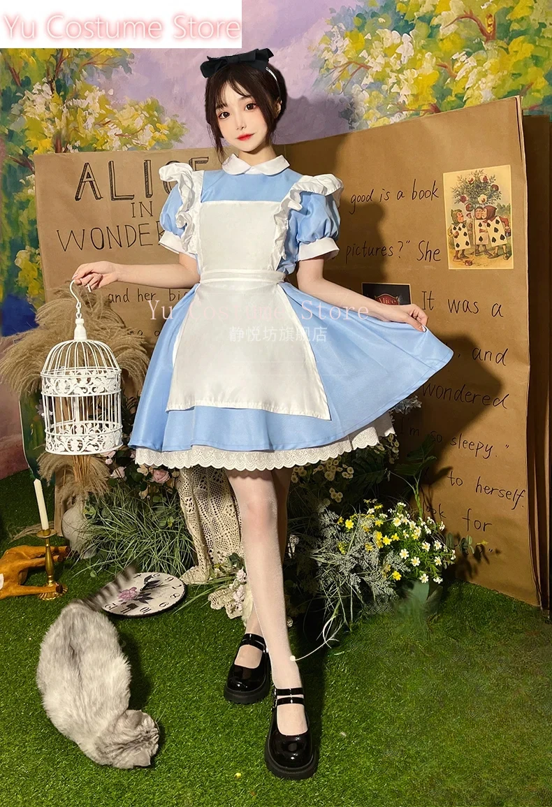 

Women Lolita OP Dress Girl Blue Party Dress + Headwear + Apron Women Short Sleeve Maid Dress Set Halloween Cosplay Costume