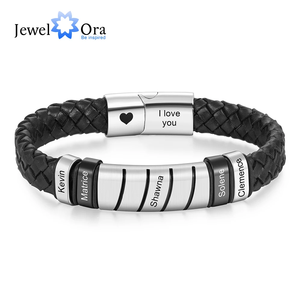 Custom 5 Name Mens Leather Bracelet with Heart Stainless Steel Personalized Engraving Bracelet Anniversary Gift for Dad Grandpa