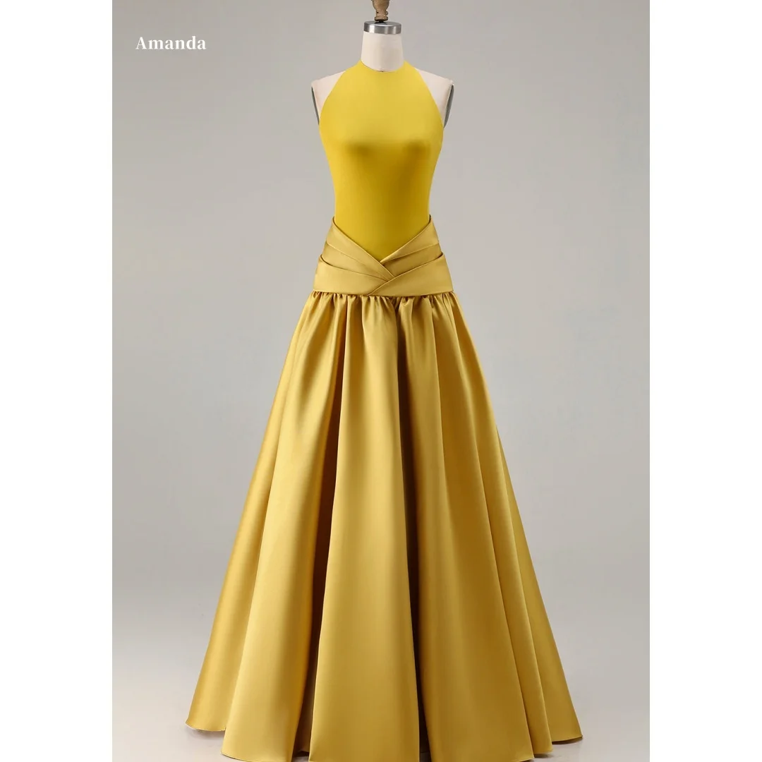 

Amanda Customized Yellow Halter Neck Satin Prom Dress A Line Pleated Waist vestidos de noche Formal Evening Gown for Women 2026