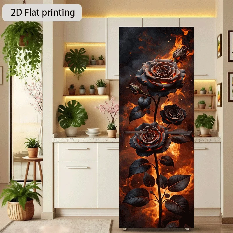 Refrigerator Sticker Flaming Black Rose Bloom Theme Design Wall Sticker Decorative Wallpaper Self-Adhesive Suitable for Cabine