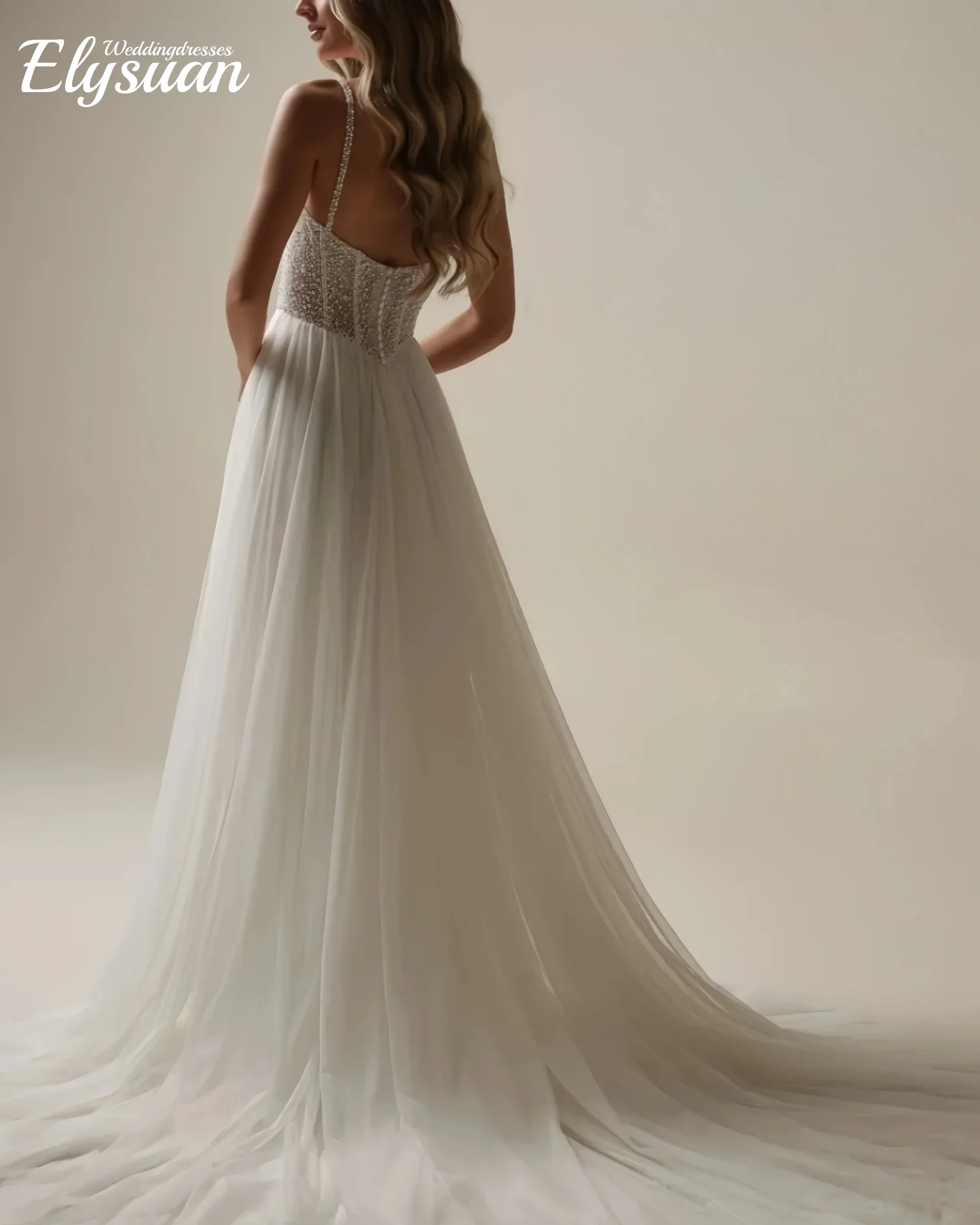 Customized  Beading Pearls Spaghetti Strap Wedding Dresses For Women Sequin Lace Side Slit Beach Bridal Gowns Vestidos de Novia