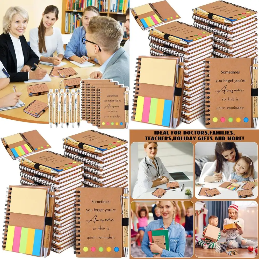 

40 Inspirational Bamboo Pens & Spiral Notebooks Set with Sticky Notes for Employee Appreciation