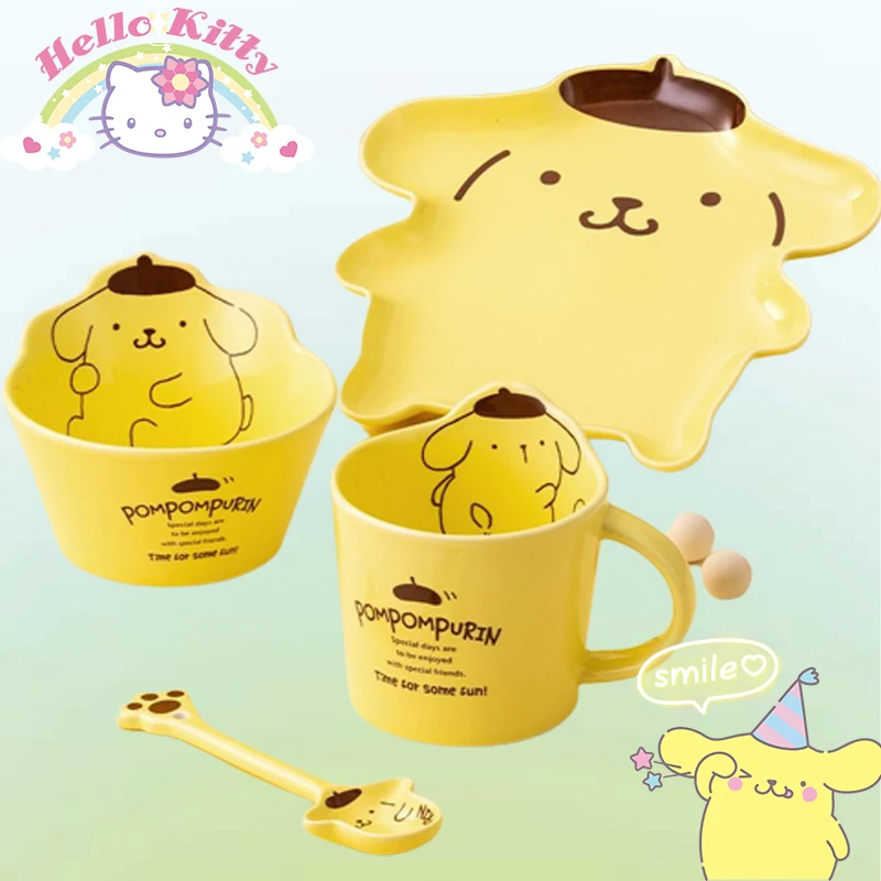 

Sanrio Four Piece Tableware Set Anime Pompom Purins Ceramic Dishes Cup Spoon Child Tableware Creative Personality Kitchen