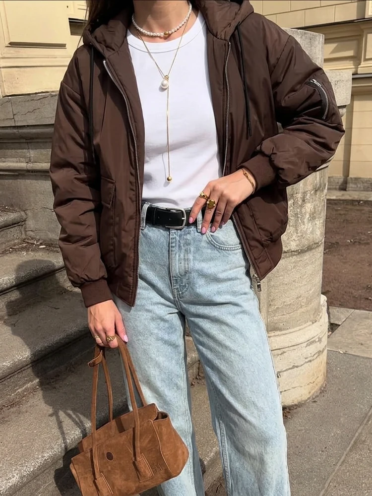 Women's Casual Hooded Zipper Pocket Short Jacket Loose Drop‑shoulder Elastic Cuffs Warm Cotton Coat Winter Street Trendy Outfit