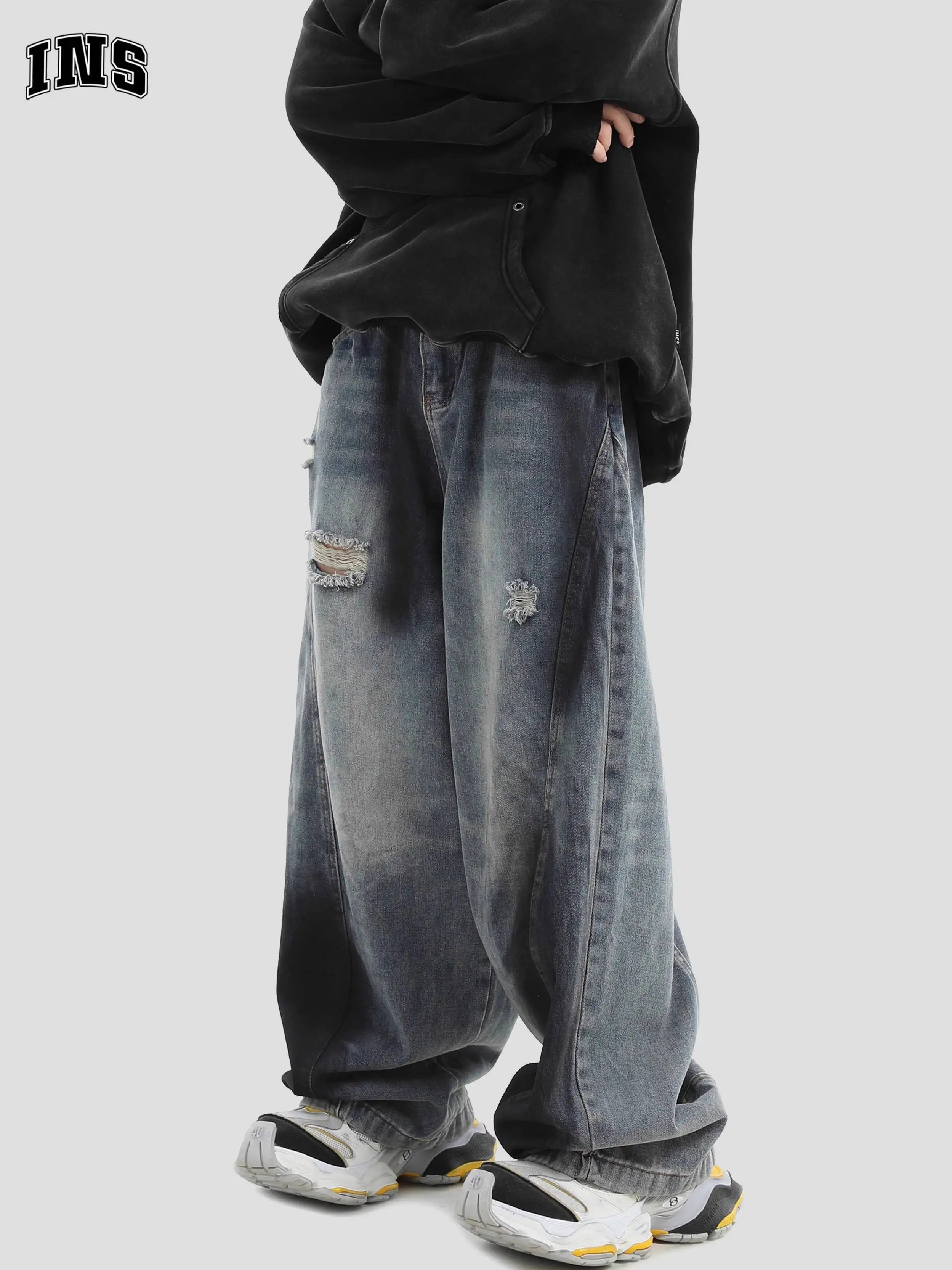 

Man Hole Jeans 2025 New Unisex Couple Jeans Splatter Print Washed Distressed Loose Wide Leg Long Denim Pants